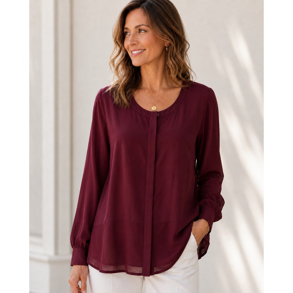 Soft Surroundings Silk Cotton Blouse L Burgundy Wine Relaxed Elegant